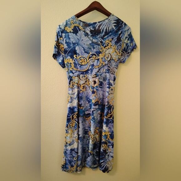 Midi Blue Abstract Dress Formal With Sleeves - Picture 2 of 6